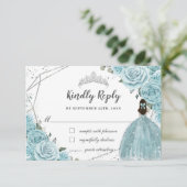 Turkoois Blauwe Bloemige Zilveren Quinceañera Prin RSVP Kaartje (Staand voorkant)
