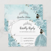 Turkoois Blauwe Bloemige Zilveren Quinceañera Prin RSVP Kaartje (Voorkant / Achterkant)