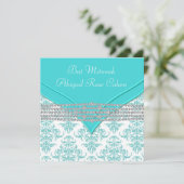 Turkoois Blauwe Damast Bat Mitzvah Kaart (Staand voorkant)
