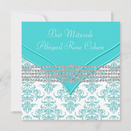 Turkoois Blauwe Damast Bat Mitzvah Kaart (Voorkant)