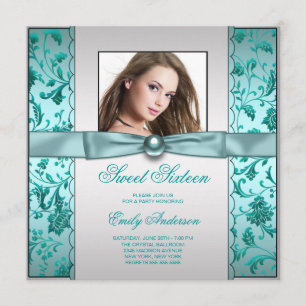 Turkoois Blauwe Damast Foto Sweet Sixteen Verjaard Kaart