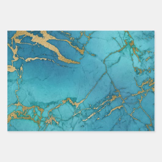 Turkoois blauwe en gouden marmerlook inpakpapier vel (Voorkant)