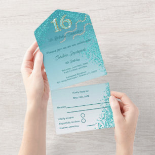 Turkoois Blauwe Glitter Calligrafie Nummer Sweet 1 All In One Uitnodiging