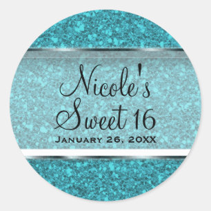Turkoois Blauwe Glitter Glam Sweet 16 Aangepast Fe Ronde Sticker