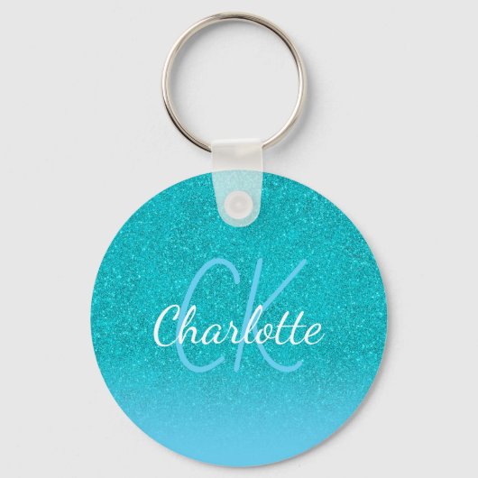 Turkoois blauwe glitters aqua groene initiaalmonog sleutelhanger (Voorkant)