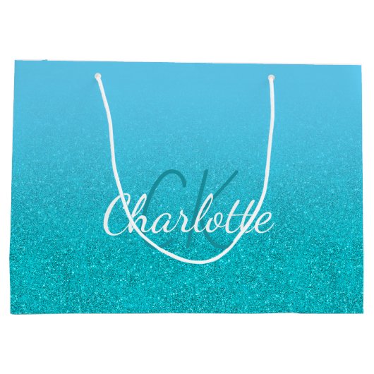 Turkoois blauwe glitters aqua monogram naam verjaa groot cadeauzakje (Achterkant)