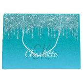 Turkoois blauwe glitterslier monogram glans schrif groot cadeauzakje (Voorkant)