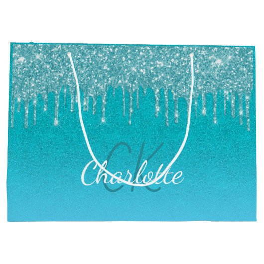 Turkoois blauwe glitterslier monogram glans schrif groot cadeauzakje (Achterkant)