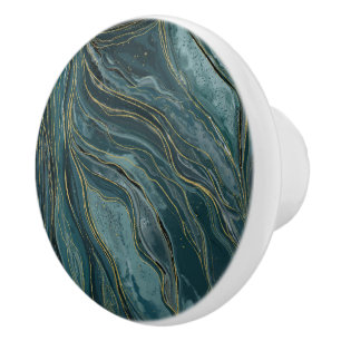 Turkoois Blauwe Gouden Abstracte Waterverf Golven Keramische Knop