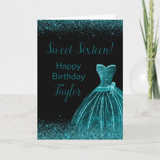 Turkoois blauwe jurk nep glitter Sweet 16 verjaard Kaart (Voorkant)