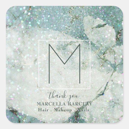 Turkoois Blauwe Marmeren Glans Monogram Vierkante Sticker (Voorkant)