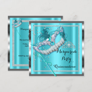 Turkoois Blauwe Masquerade Quinceanera Feestmasker Kaart