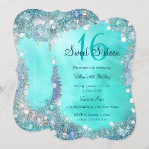 Turkoois Blauwe Oceaan Parels Sweet 16 Verjaardags Kaart