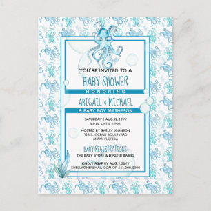 Turkoois Blauwe Octopus Baby Shower Zeedieren Het  Uitnodiging Briefkaart