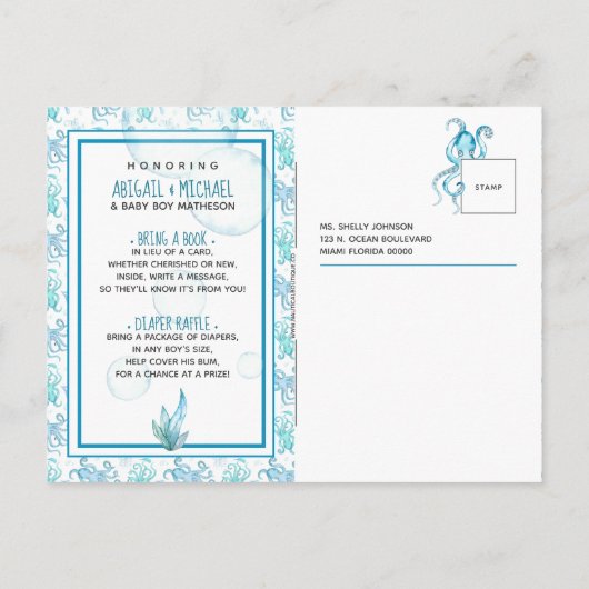 Turkoois Blauwe Octopus Baby Shower Zeeleven Het i Uitnodiging Briefkaart (Achterkant)