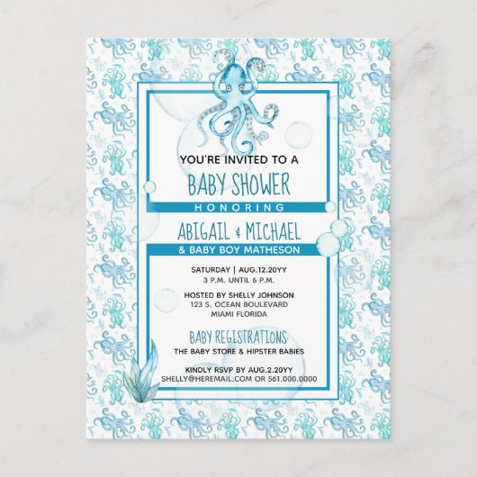 Turkoois Blauwe Octopus Baby Shower Zeeleven Het i Uitnodiging Briefkaart (Voorkant)