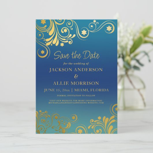 Turkoois Blauwe Ombre' Gouden Bloem Foto Bruiloft Save The Date (Staand voorkant)