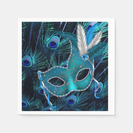 Turkoois Blauwe Pauw Maskerade Feest Servetten (Voorkant)