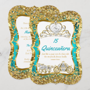 Turkoois Blauwe Quinceanera Magische Tiara Goud 2 Kaart