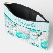 Turkoois blauwe rozen, grijze strepen en monogram etui (Open)