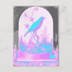 Turkoois blauwe vogel, lichtroze, paars, zwart briefkaart