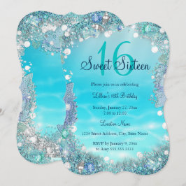 Turkoois Blauwe Water Oceaan Parels Sweet 16 Feest Kaart