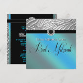 Turkoois Blauwe Zebra Bat Mitzvah Kaart (Voorkant / Achterkant)