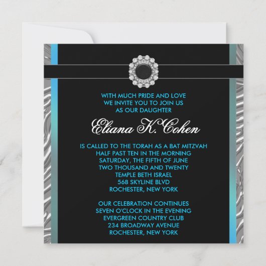 Turkoois Blauwe Zebra Bat Mitzvah Kaart (Achterkant)