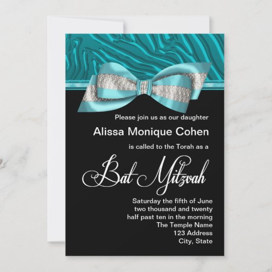 Turkoois Blauwe Zebra Bat Mitzvah Uitnodiging (Voorkant)