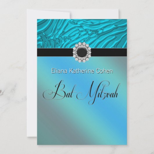 Turkoois Blauwe Zebra Bat Mitzvah Uitnodigingen (Voorkant)