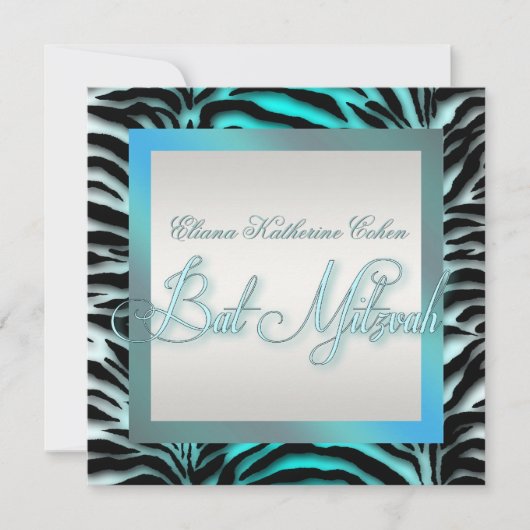 Turkoois Blauwe Zebra Bat Mitzvah Uitnodigingen (Voorkant)