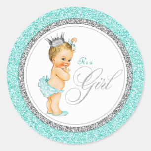 Turkoois Blauwe Zilveren Baby Shower Ronde Sticker