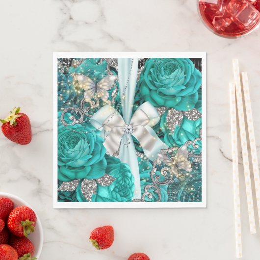 Turkoois blauwe zilveren vlinder roos shabby vinta servet (Insitu)