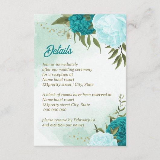 Turkoois bloemen groene bladeren informatiekaartje (Voorkant)