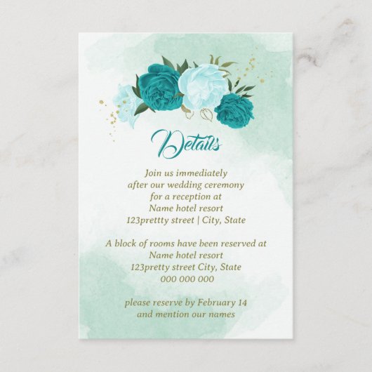 Turkoois bloemen groene bladeren informatiekaartje (Voorkant)