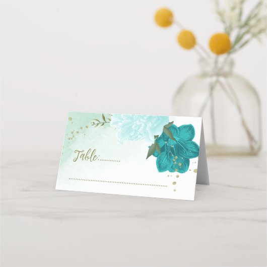 Turkoois bloemen groene bladeren plaatskaartje (Voorkant)
