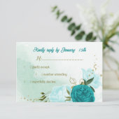 Turkoois bloemen groene bladeren RSVP kaartje (Staand voorkant)