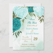 Turkoois bloemen groene bladeren save the date (Voorkant)