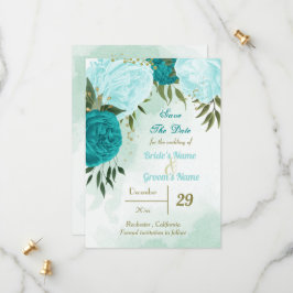 Turkoois bloemen groene bladeren save the date