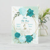 Turkoois bloemen groene bladeren save the date (Staand voorkant)