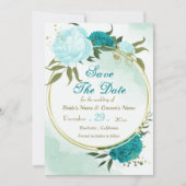 Turkoois bloemen groene bladeren save the date (Voorkant)