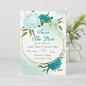 Turkoois bloemen groene bladeren save the date (Staand voorkant)