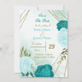 Turkoois bloemen groene bladeren save the date (Voorkant)