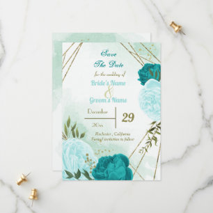 Turkoois bloemen groene bladeren save the date