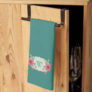 Turkoois Bloemend Hand Monogram Keukenhanddoek 