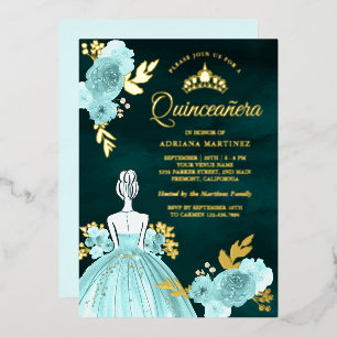 Turkoois Bloemjurk Prinses Groen Quinceanera Goud Folie Uitnodiging