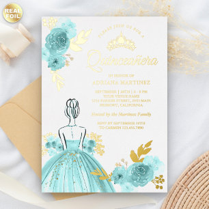 Turkoois Bloemjurk Prinses Quinceanera Goud Folie Uitnodiging