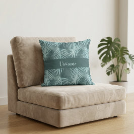 Turkoois Boho Waterverf Tropisch Blad Monogram Naa Kussen