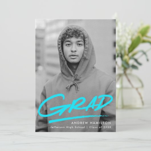 Turkoois | Dashed Modern Photo Afstuderen Aankondiging (Staand voorkant)