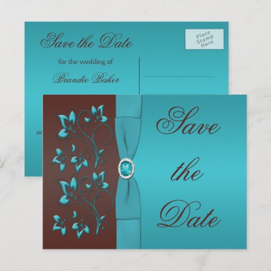 Turkoois en Bruin Bloemen Save the Date Briefkaart (Voorkant / Achterkant)